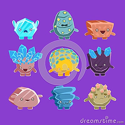 Alien Fantastic Golem Characters Of Different Humanized Rocks With Friendly Faces Emoji Stickers Collection Vector Illustration