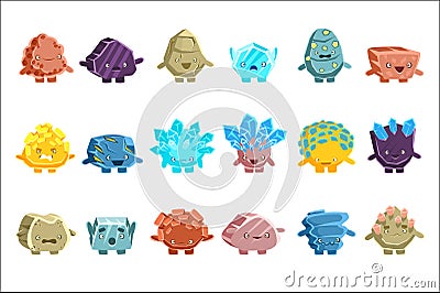 Alien Fantastic Golem Characters Of Different Humanized Rocks With Friendly Faces Emoji Stickers Set Vector Illustration