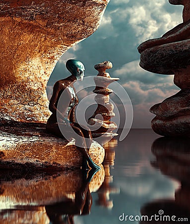 Alien girl sitting alone on her planet Stock Photo