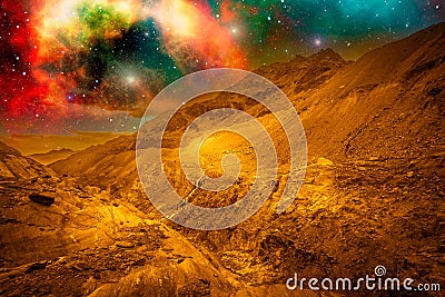 Alien golden landscape, a panorama of a surface of another planet Stock Photo