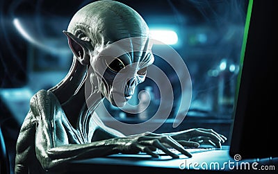 alien hacker at a laptop cracking a digital code. cyber attacks. hacking digital infrastructure. Stock Photo
