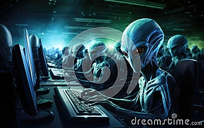 alien hacker at a laptop cracking a digital code. cyber attacks. hacking digital infrastructure. Stock Photo