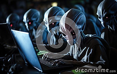 alien hacker at a laptop cracking a digital code. cyber attacks. hacking digital infrastructure. Stock Photo
