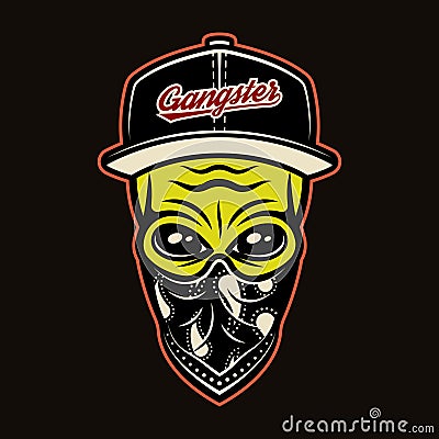 Alien head in baseball cap and bandana on face gangster character colorful vector illustration in cartoon style isolated Vector Illustration