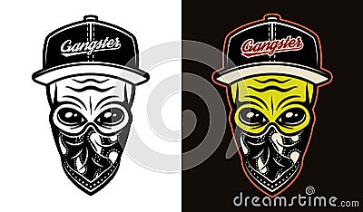 Alien head in baseball cap and bandana on face two styles black on white and colorful on dark background vector Vector Illustration