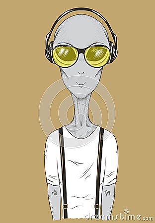 Alien in headphones listening to music vector Vector Illustration