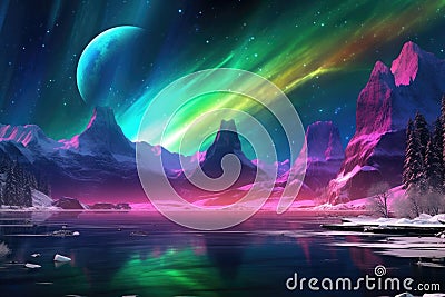 alien ice planet illuminated by a colorful aurora Stock Photo