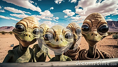 Alien Invasion. Selfie: Group of Area 51 Extraterrestrials in a Fun Pose. Generative ai illustration Stock Photo