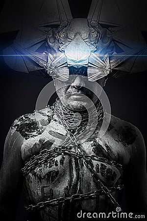 Alien, man chained with fantasy mask Stock Photo