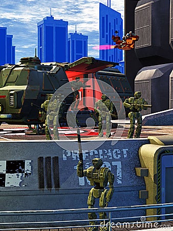 Alien military force invading a Planet, big city under Attack, spaceships Landing, 3d illustration Cartoon Illustration