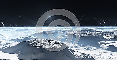 Alien moon landscape and great natural basins of liquid nitrogen. Landscape with ground mist Cartoon Illustration