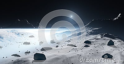 Alien moon landscape and great natural basins of liquid nitrogen. Landscape with ground mist Cartoon Illustration