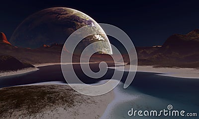 An alien moon is rising at the horizon Stock Photo