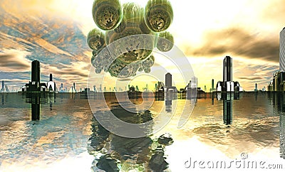 Alien Mothership over Futuristic City Stock Photo