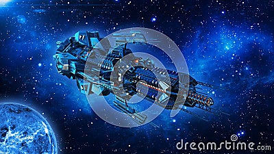 Alien mothership, spaceship in deep space, UFO spacecraft flying in the Universe with planet and stars, front view, 3D render Stock Photo