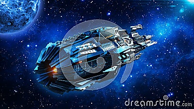 Alien mothership, spaceship in deep space, UFO spacecraft flying in the Universe with planet and stars, rear view, 3D render Stock Photo