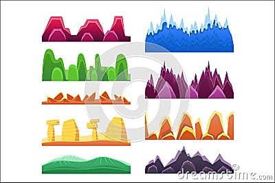 Alien Mountains And Colorful Desert Landscaping Seamless Background Patterns For 2D Platformer Game Design Vector Illustration