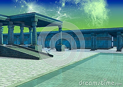 Alien night temple illuminated by the light of stars. Stock Photo