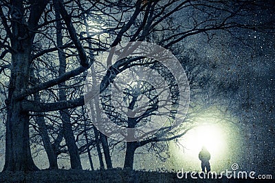 An alien night time concept edit. A spooky figure standing on the edge of woodland looking at lights in the sky on a stary night. Stock Photo