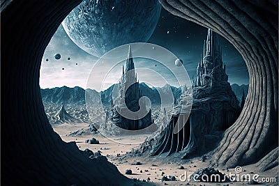 Alien planet in deep space, extraterrestrial landscape, generative AI Stock Photo