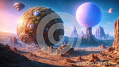 Alien planet landscape, 3d illustration of imaginary, fictional another planet background Cartoon Illustration