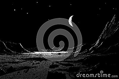 Alien planet landscape in retro dotwork style. Planets and satellites over unknown planet in space. Sci-fi world landscape beyond Vector Illustration