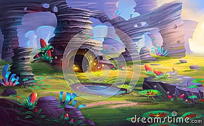 Alien Planet the Mountain and Cave with Fantastic, Realistic and Futuristic Style Stock Photo