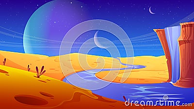 Alien planet with waterfall and desert river Cartoon Illustration