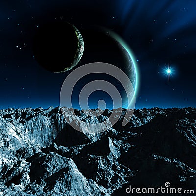 Alien Planetary system, a moon with mountains and rocks, two planets with atmosphere, a bright star and nebula, 3d illustration Cartoon Illustration