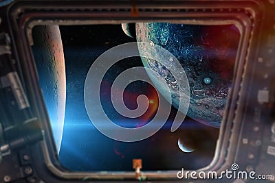 Alien planets view from a porthole of spacecraft. Elements of this image furnished by NASA Stock Photo