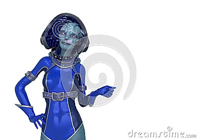 Alien queen in a red sci fi outfit is thinking about in a white background Cartoon Illustration