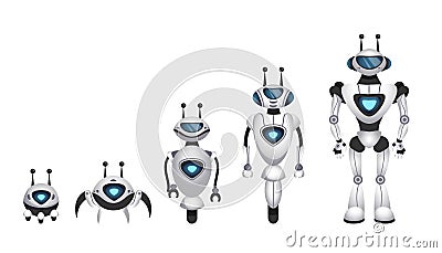 Alien robot evolution. Future digital machines with antenna, cyborg model engineering. Ai technology assistants Vector Illustration