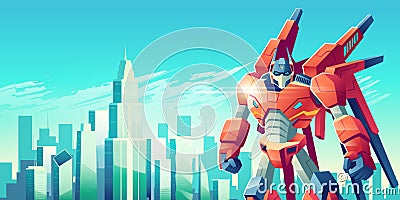 Alien robot warrior in metropolis cartoon vector Vector Illustration