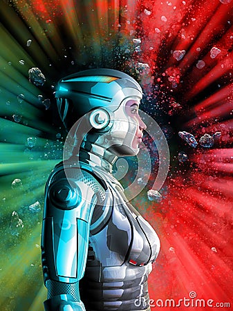 Alien robotic woman in space, 3d illustration Cartoon Illustration