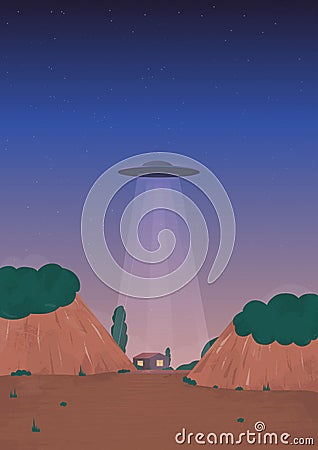 Alien ship arrival. UFO on the horizon, over the house. Cartoon style illustration. Vector Illustration