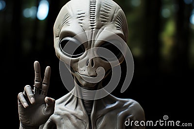 Alien showing peace sign on Camera. Alien. Extraterrestrial Life Concept. Stock Photo