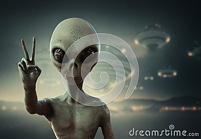 Alien showing peace sign, 3d render Cartoon Illustration