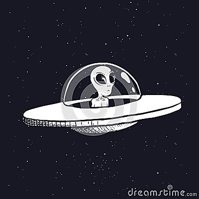 Alien in a flying saucer Vector Illustration