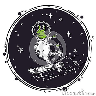 The alien skates on a skateboard. Vector illustration. Vector Illustration