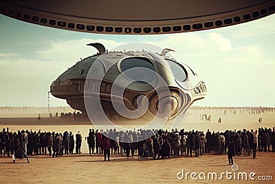 alien spacecraft preparing for departure from cosmodrome, with crowds of spectators watching in the background Stock Photo