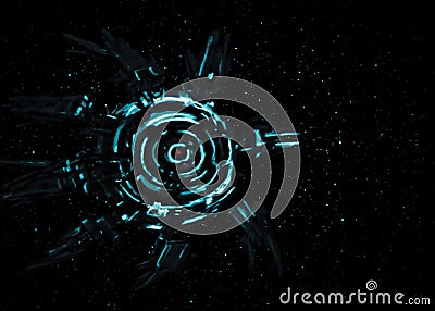 Alien spaceship against the background of stars. Stock Photo