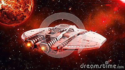 Alien spaceship in deep space, UFO spacecraft flying in the Universe with planet and stars in the background, rear view, 3D render Stock Photo