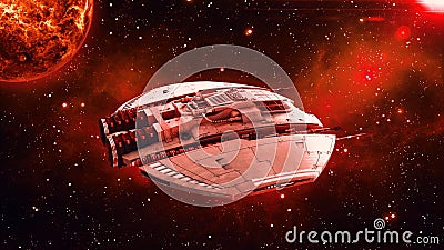 Alien spaceship in deep space, UFO spacecraft flying in the Universe with planet and stars in the background, top view, 3D render Stock Photo