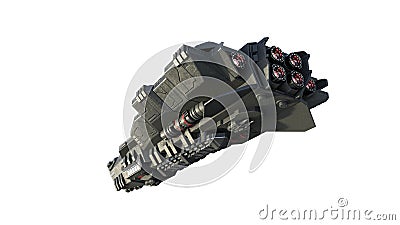 Alien spaceship in flight, UFO spacecraft isolated on white background, rear bottom view, 3D rendering Stock Photo