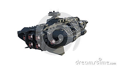 Alien spaceship in flight, UFO spacecraft isolated on white background, rear view, 3D rendering Stock Photo