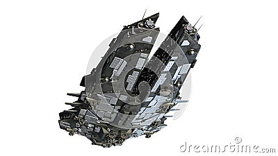 Alien spaceship flying, UFO spacecraft in flight isolated on white background, bottom view, 3D render Stock Photo