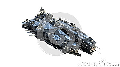 Alien spaceship flying, UFO spacecraft in flight isolated on white background, front view, 3D render Stock Photo
