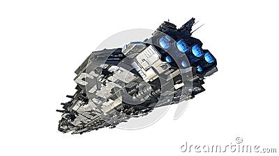 Alien spaceship flying, UFO spacecraft in flight isolated on white background, rear bottom view, 3D render Stock Photo