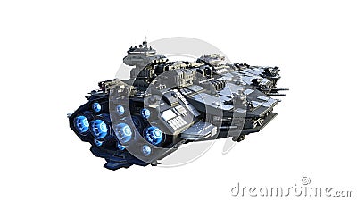 Alien spaceship flying, UFO spacecraft in flight isolated on white background, rear view, 3D render Stock Photo