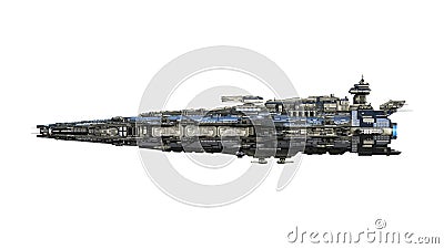Alien spaceship flying, UFO spacecraft in flight isolated on white background, side view, 3D render Stock Photo